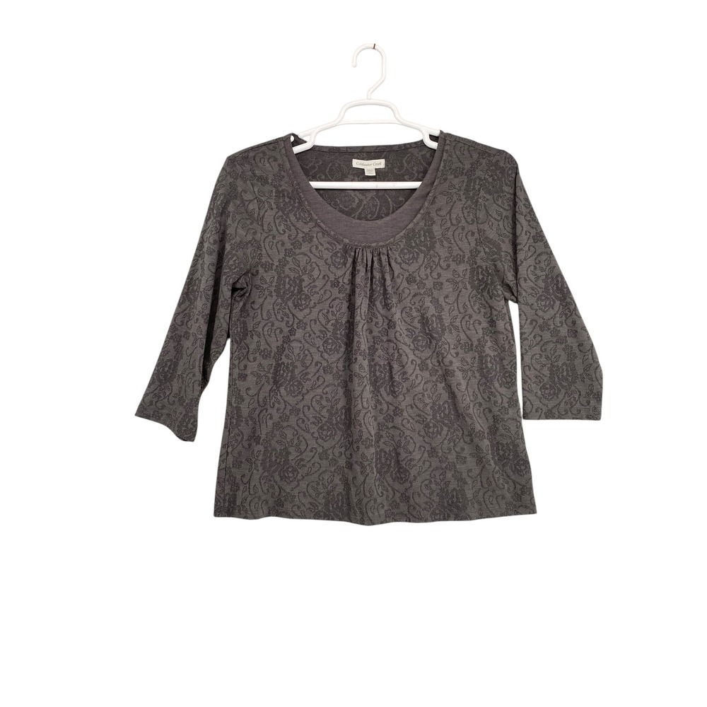Coldwater Creek Floral Print Top‎ 3/4 Sleeve Blouse Gray Womens Size L 14 16